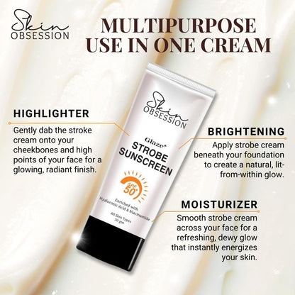 SkinObsession Lumi Glaze+ Gold Highlighting Sunscreen SPF 50 PA+++ with Instant Dewy Glow Lightweight, Non Sticky No White Cast With Niacinamide And Hyaluronic Acid 30g Lohiya Retails