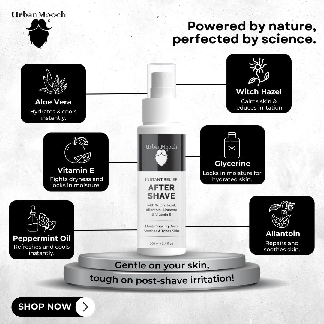 UrbanMooch Instant Relief After Shave Lotion for Men with Witch Hazel Extract | Allantoin and Vitamin E | Natural and Organic Soothing to Prevent Razor Burn | Chemical Free |100ml each (Pack of 2) Lohiya Retails
