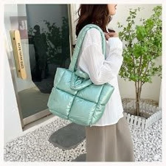 Buddy Cares Puffy Tote Bag – Padded Lattice Puffer Shoulder Bag for Women – Detail View