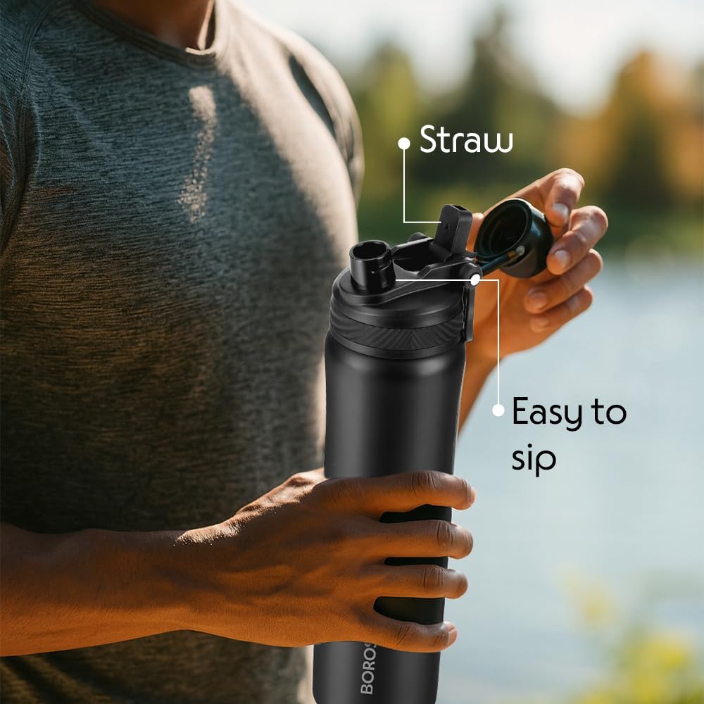 Borosil 800ml  Aquasport Stainless Steel Bottle with Straw & Sipper Lid | 10 Hrs Hot & Cold Made in India Double Wall Vacuum Flask | Office, School, Gym & Travel | 1 Year Warranty