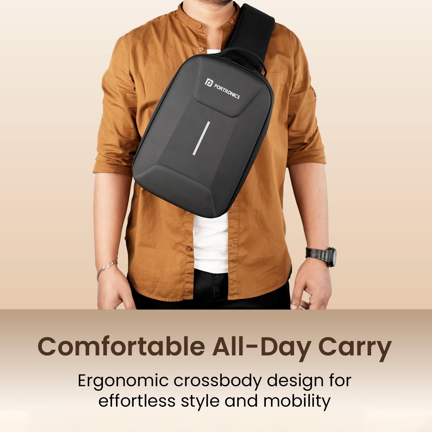 Portronics Byte Mini, Unisex Crossbody Sling Bag with Water-Resistant Hard Shell, Fits Devices up to 13 Inches, Smart Organizer, Switchable Strap, Ergonomic Lightweight Design for Men and Women(Black)