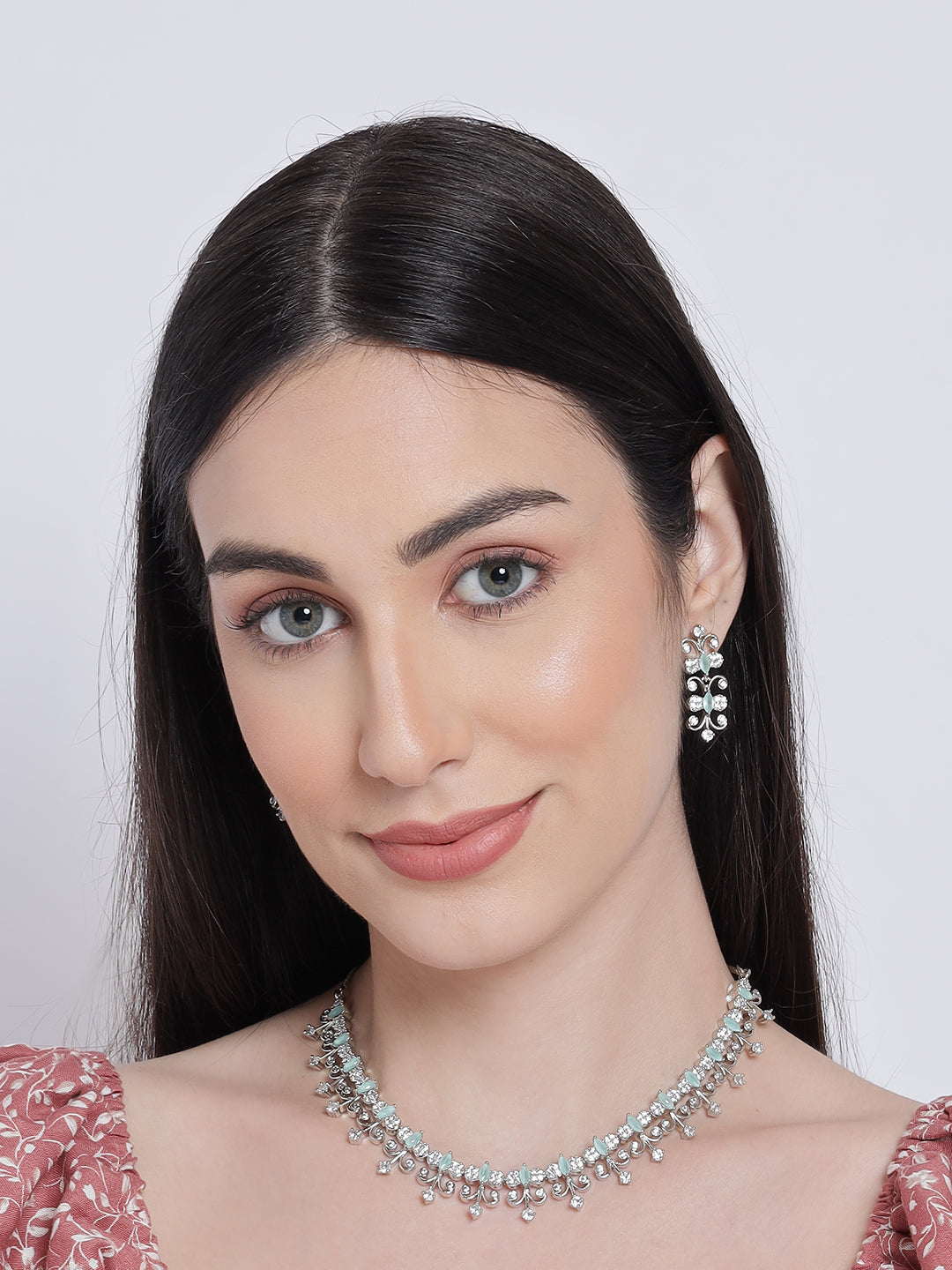 Silver-Plated White & Sea Green Ad-Studded Handcrafted Jewellery Set