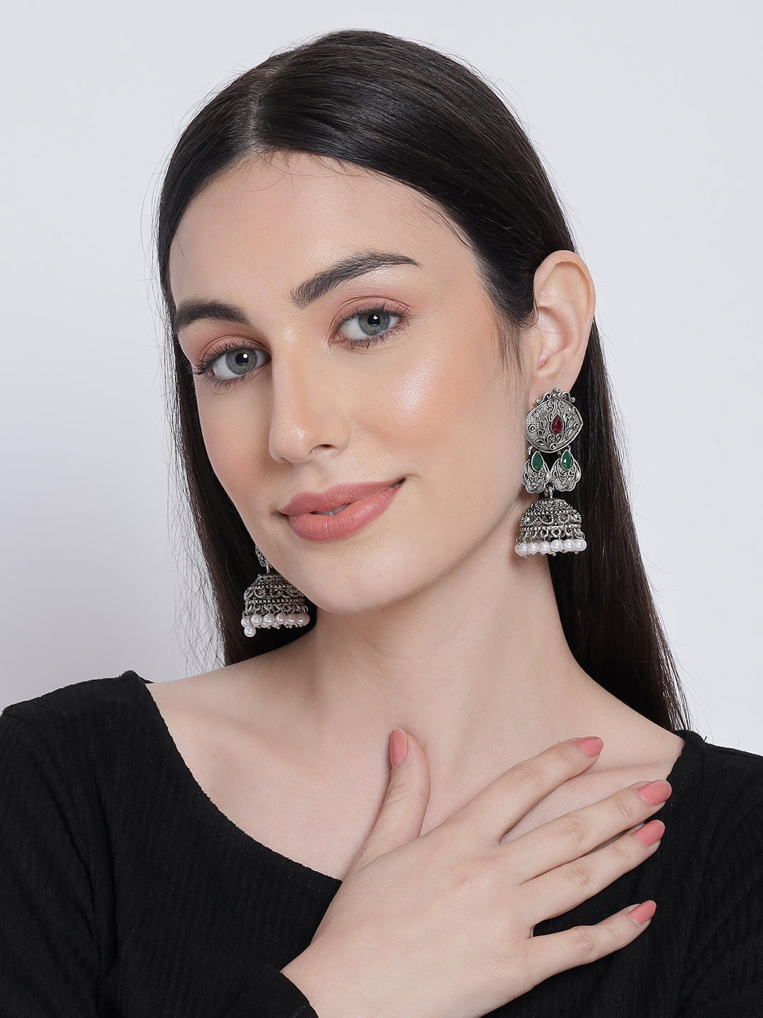 Silver-Toned Ruby & Green Oxidised Classic Drop Jhumka Earrings