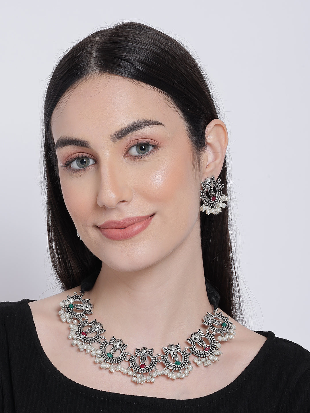 Oxidised Silver-Plated & Green Stone-Studded & Beaded Traditional Jewellery Set