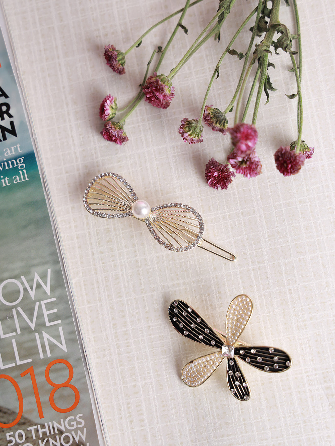 White Pearls Gold Plated Ad Stone Studded Set Of 2 Alligator Hair Clip