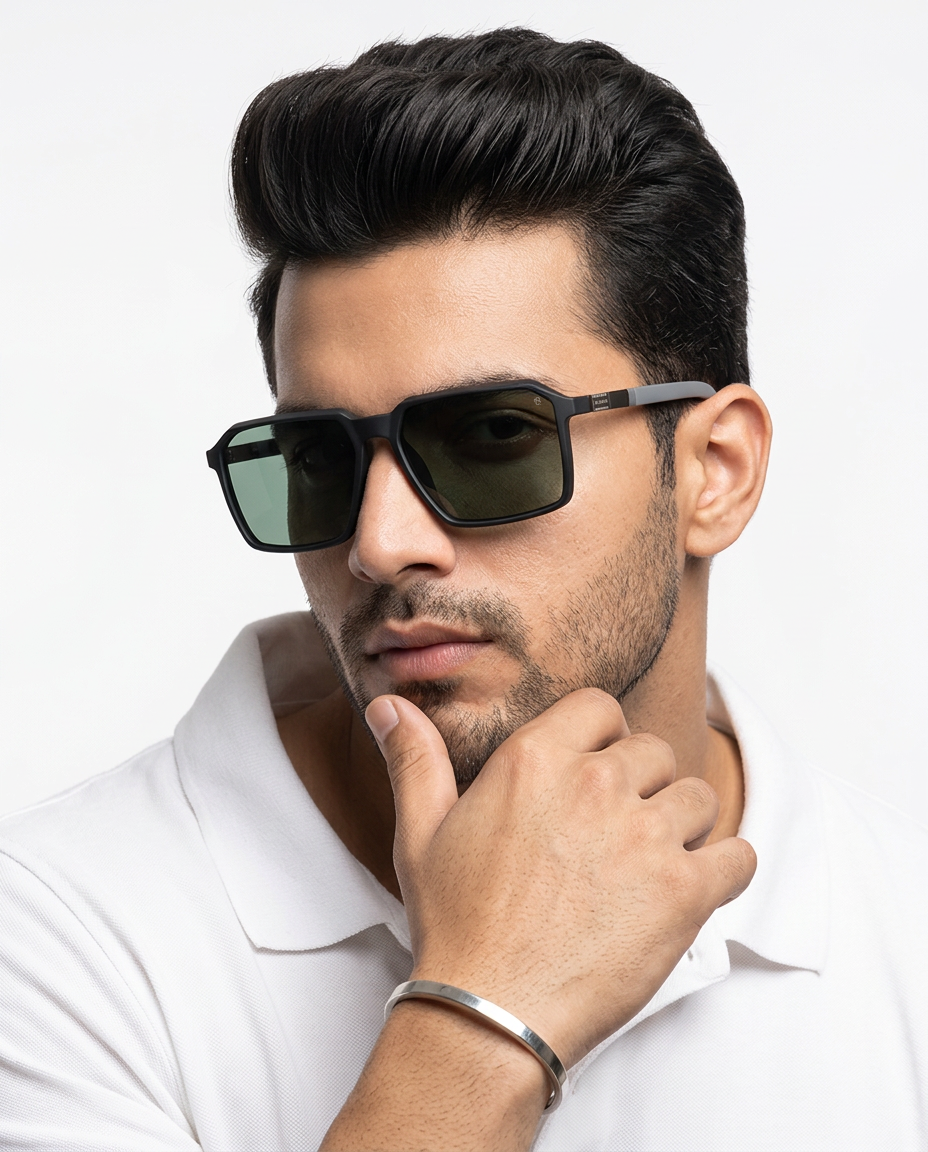 Eyejack Black Square Sunglasses for Men and Women - Style 1122 - worn by a male model (image 1)