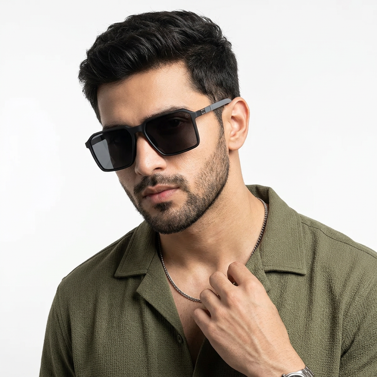 Eyejack Black Square Sunglasses for Men and Women - Style 1121 - worn by a male model (image 1)