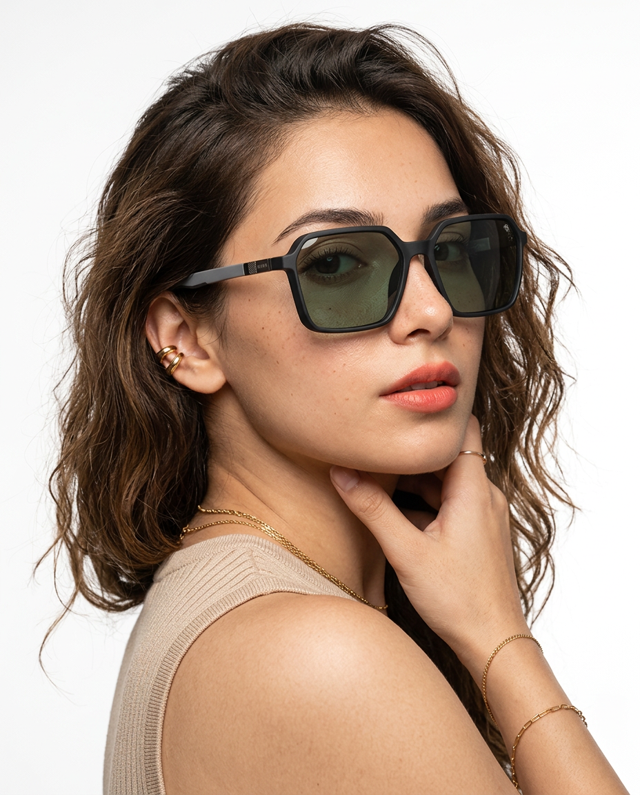 Eyejack Black Square Sunglasses for Men and Women - Style 1127 - worn by a male model (image 3)