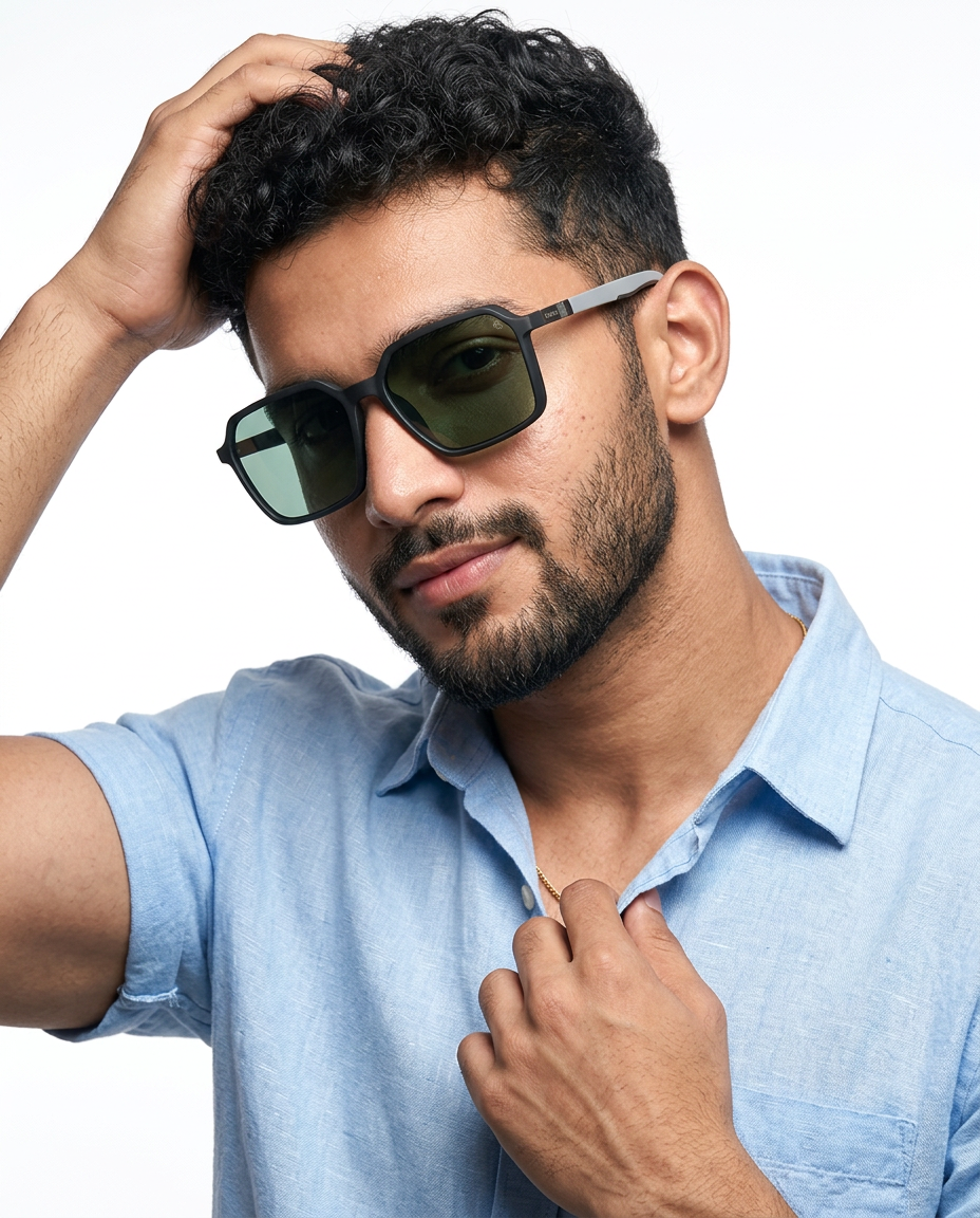 Eyejack Black Square Sunglasses for Men and Women - Style 1127 - worn by a male model (image 1)