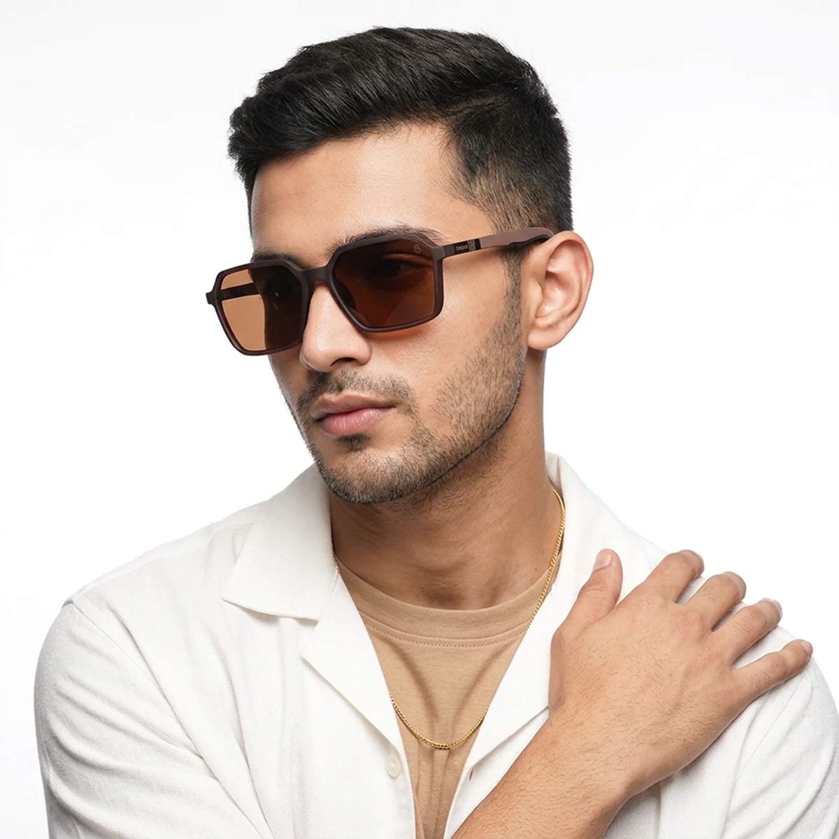 Eyejack Brown Square Sunglasses for Men and Women - Style 1128 - worn by a male model (image 1)