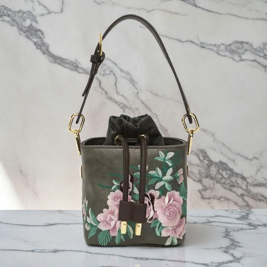 Floral Embroidered Charcoal Bucket Bag with Drawstring Closure