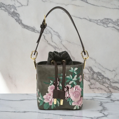 Floral Embroidered Charcoal Bucket Bag with Drawstring Closure
