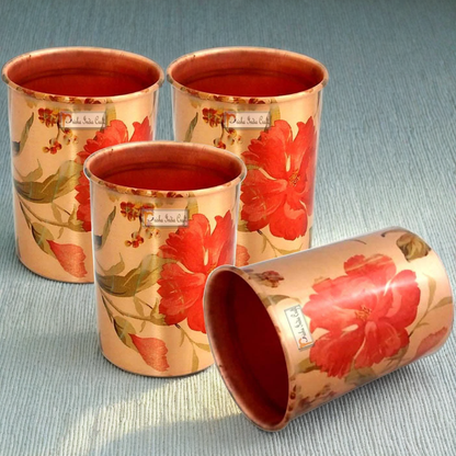 Pure copper digital printed flower design glass tumbler (pack of 4x300ml) | PRISHA INDIA CRAFT