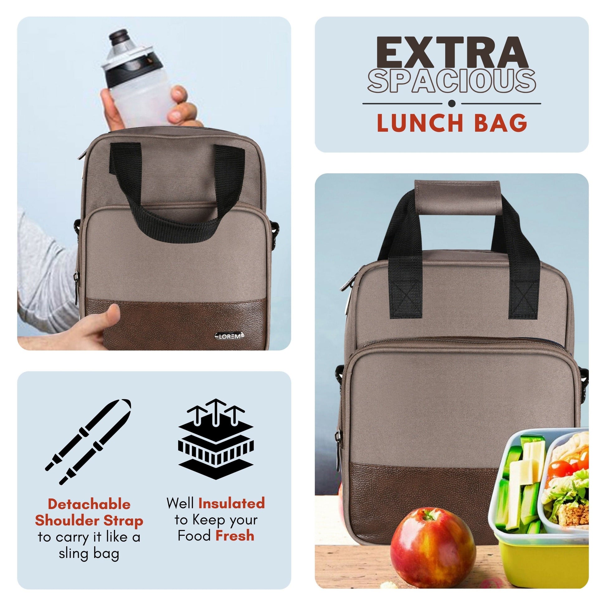 Milk Grey-Chocolate Faux Leather & PVC with Detachable strap Tiffin bag - HalfPe