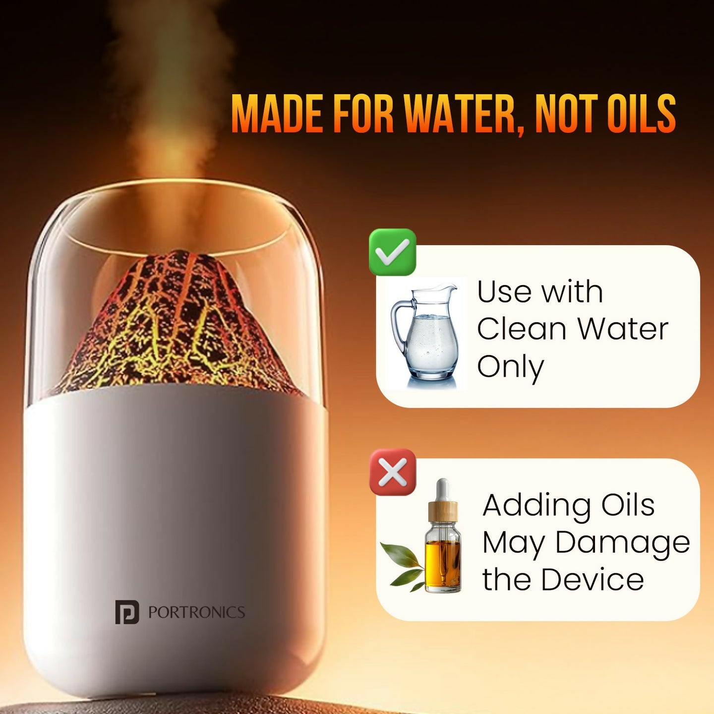 Portronics Magma 2-in-1 Volcano Water Mist Humidifier & Night Lamp, Type-C Powered, Dual Mist & Light Modes, Skin Hydration & Easy Breathing