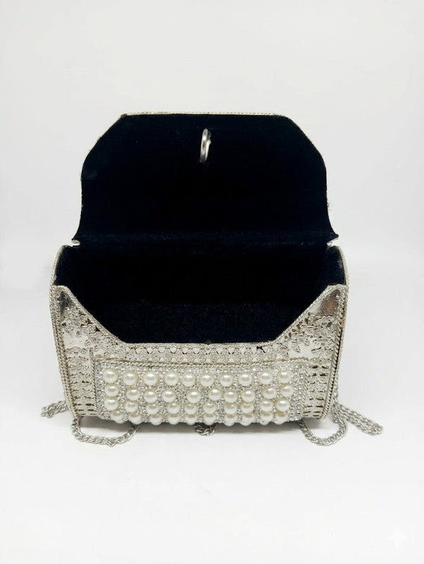 Buddy Cares Metal Bag for Women, Silver Pearl Embellished Clutch Purse with Chain Strap – Capsule – view 3 – Buddy Cares