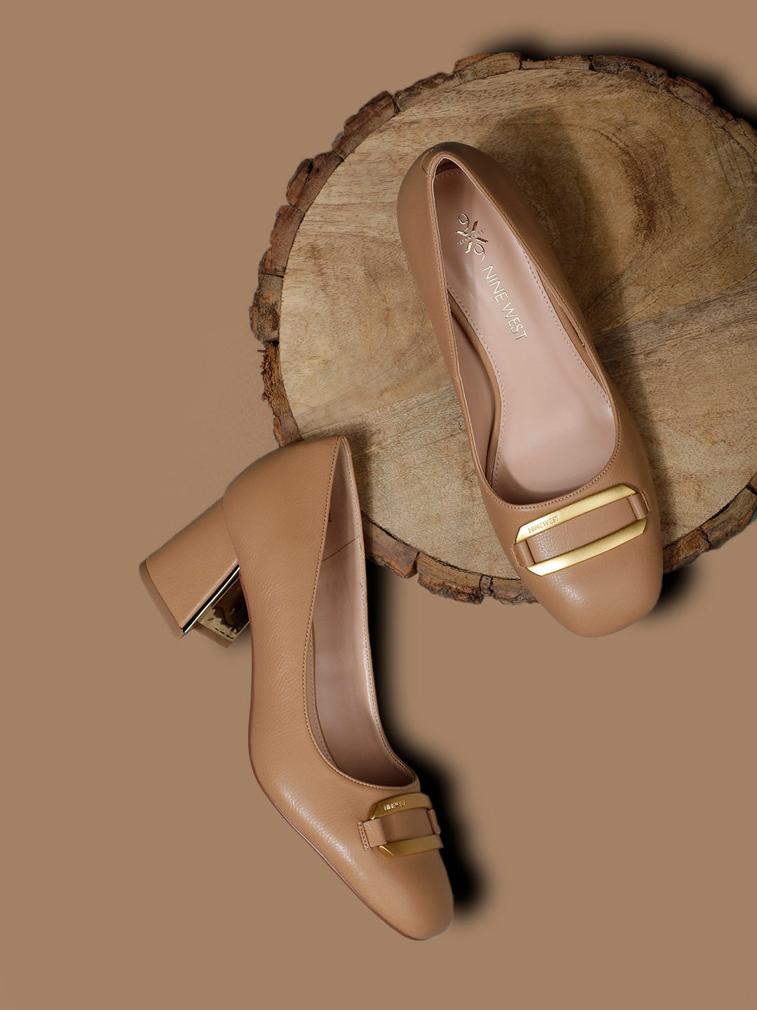 Nine West Women Square Toe Block Heel Pump - Light Brown - View 6