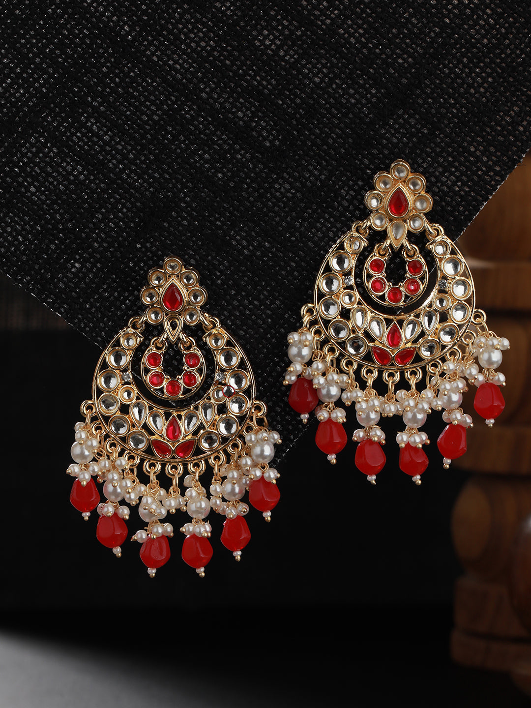 Gold-Plated & Red Kundan Classic Chandbalis Earrings