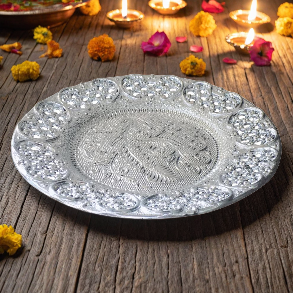 Silver Plated Swastik Pooja Thali Set Glossy Puja Thali
