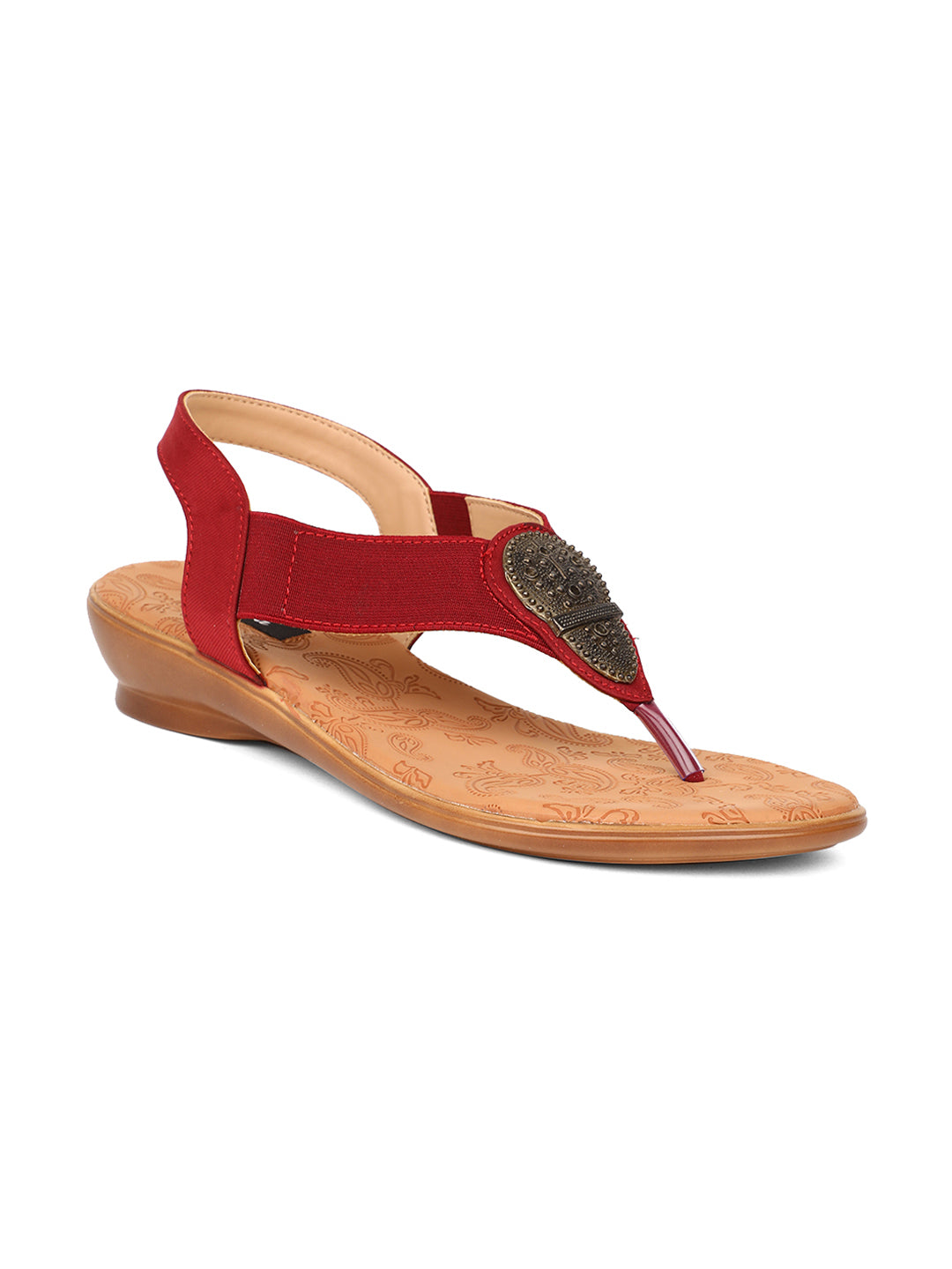 Bata Women's Maroon T-Strap Flat Sandals - Maroon