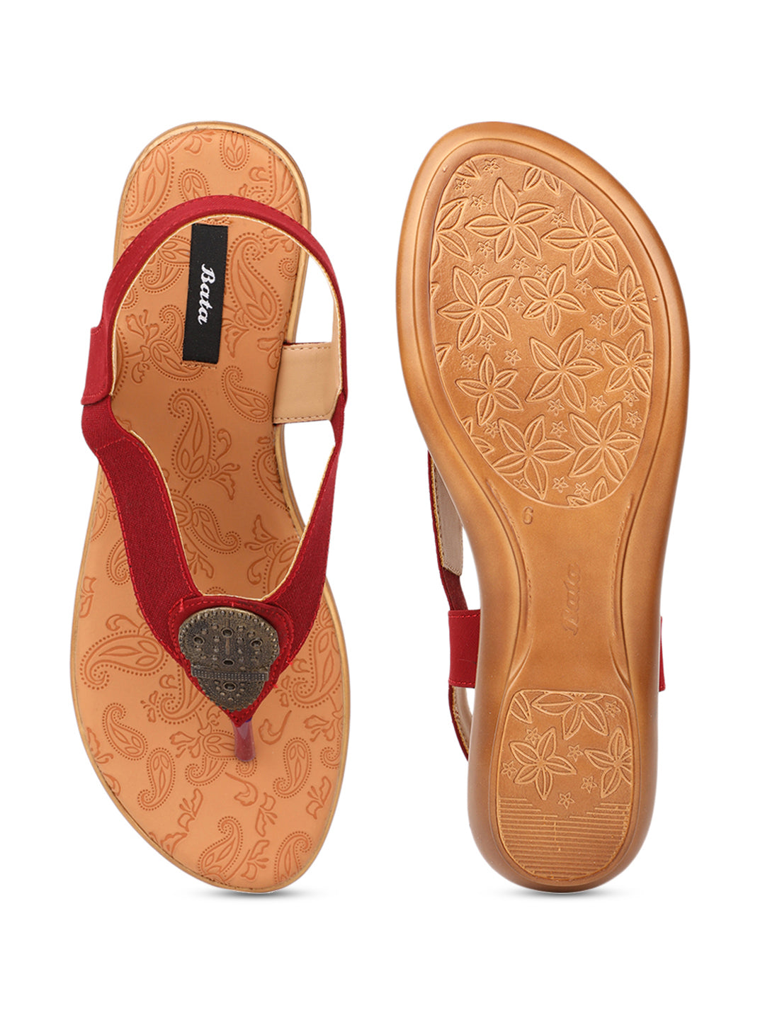 Bata Women's Maroon T-Strap Flat Sandals - Maroon