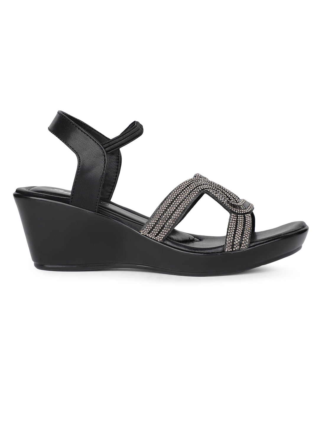 Bata Women Black Ankle Strap Wedge Heel Sandal - Black - View 2