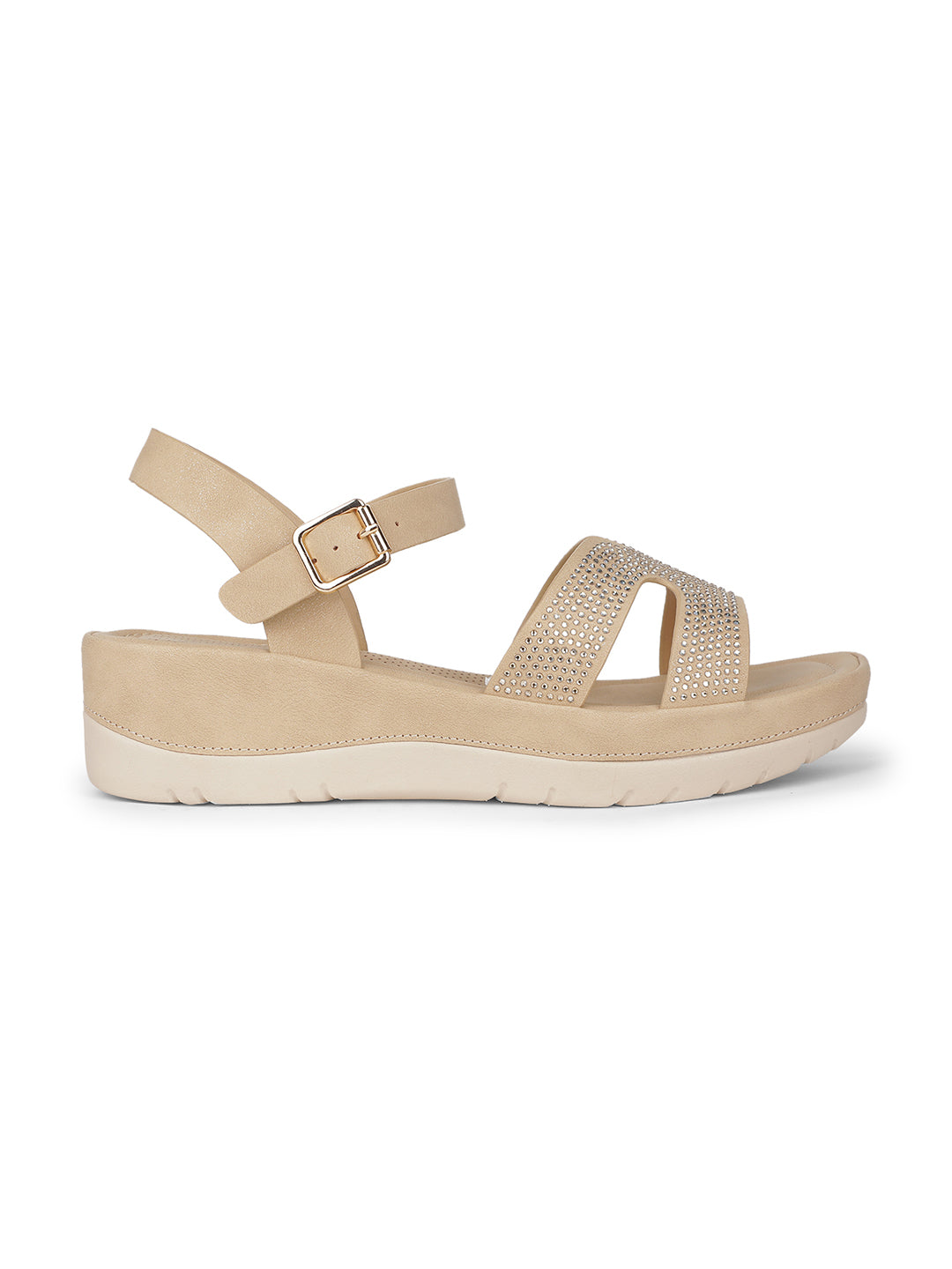 Bata Comfit Women Beige Velcro Strap Wedge Heel Sandal - Beige - View 2