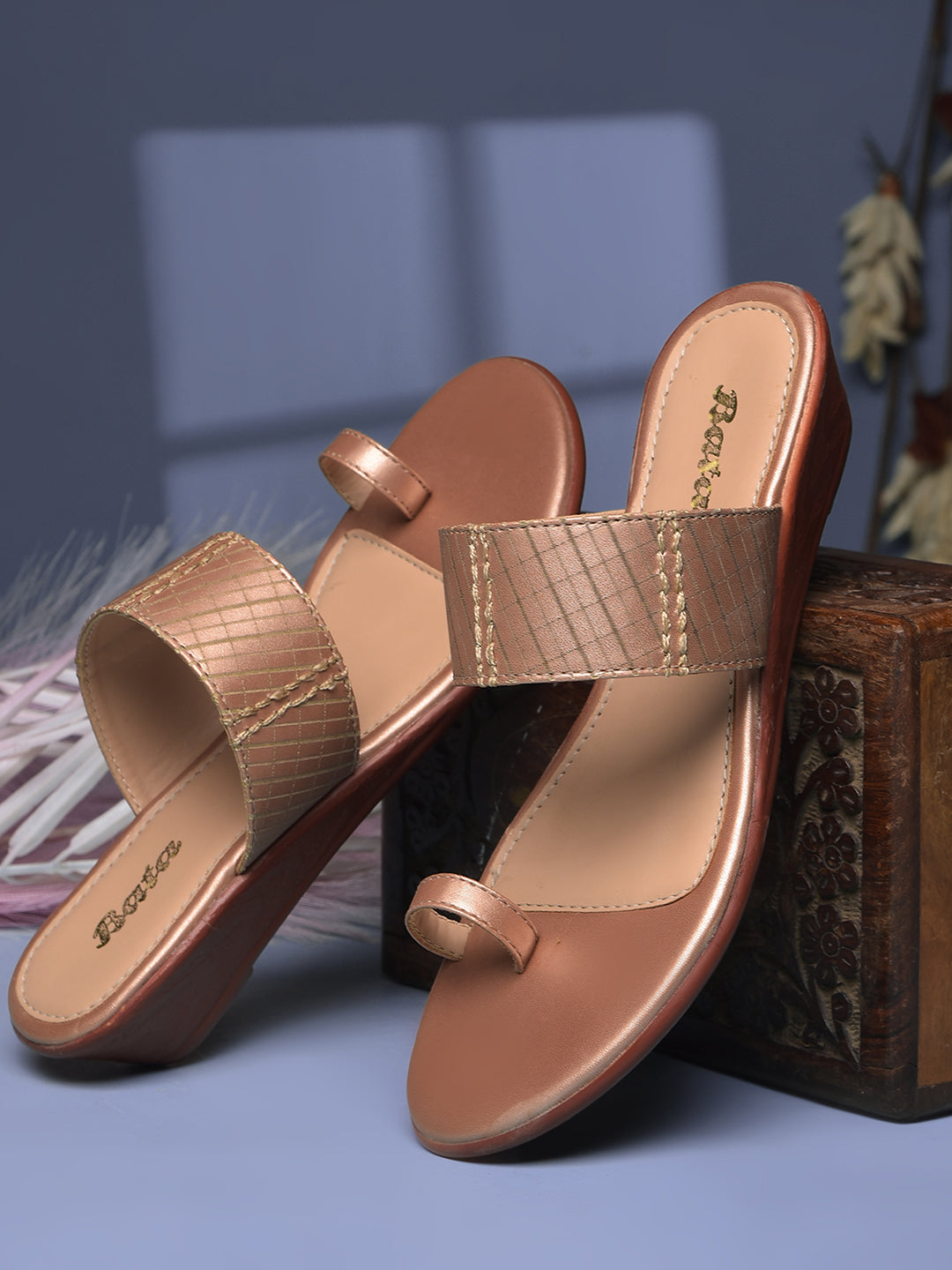 Bata Women's Rose Gold Wedge Heel Toe Ring Sandals - Rose Gold
