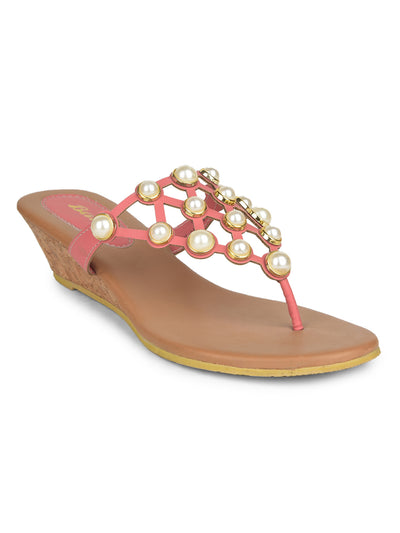 Bata Women's Red T-Strap Wedge Heel Sandals - Red