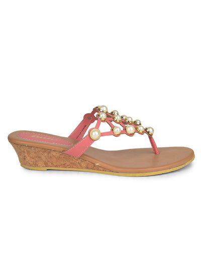 Bata Women's Red T-Strap Wedge Heel Sandals - Red