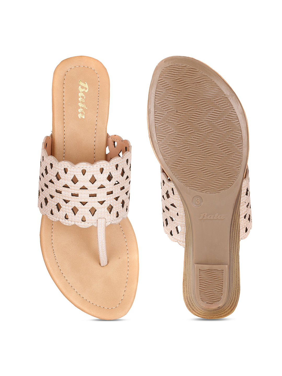 Bata Women's Beige T-Strap Wedge Heel Sandals - Beige