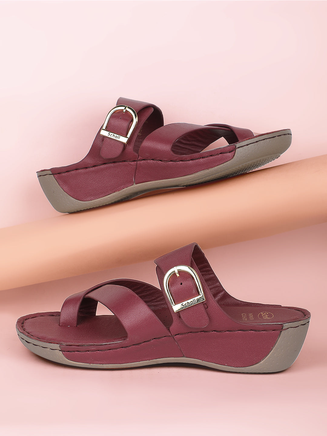 Scholl Women Red Wedge Heel Toe Ring Sandal - Red - View 6
