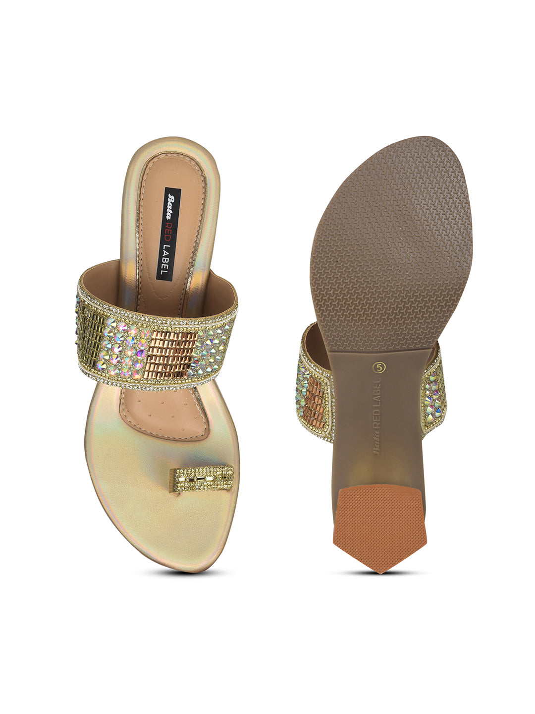 Bata Women Gold Block Heel Toe Ring Sandal - Gold - View 4