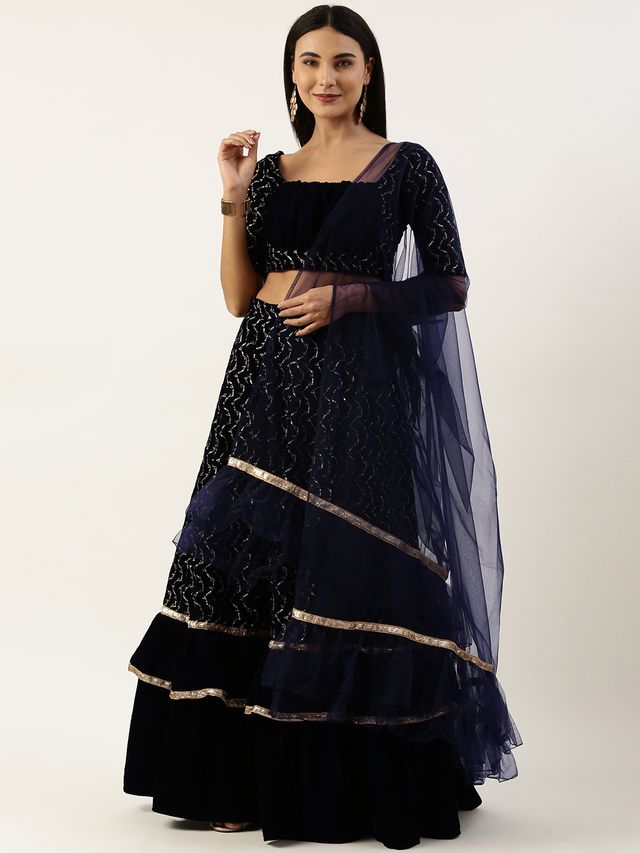 Bollywood Vogue Ready To Wear Blue Velvet Embroidered Lehenga Set