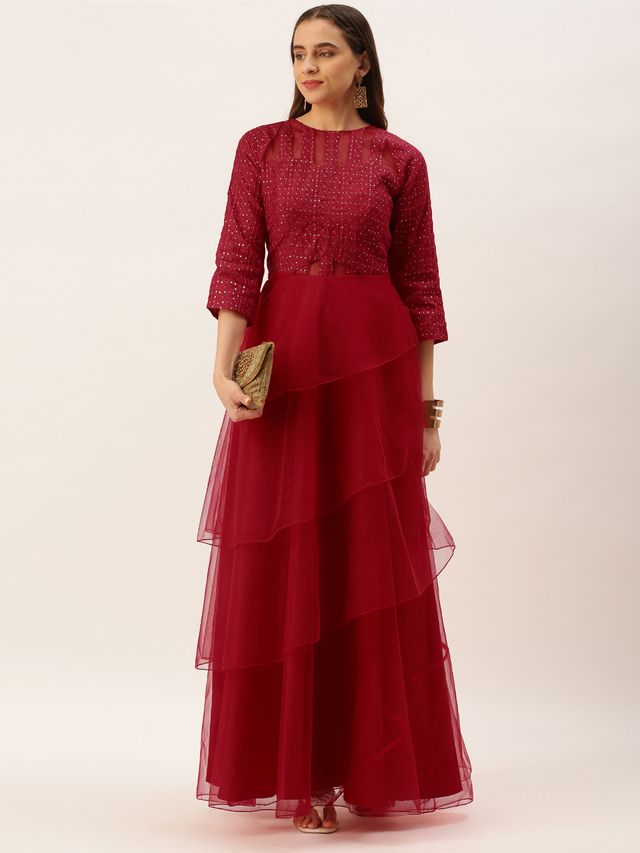 Bollywood Vogue Ready To Wear Dark Red Georgette Embroidered Layered Gown