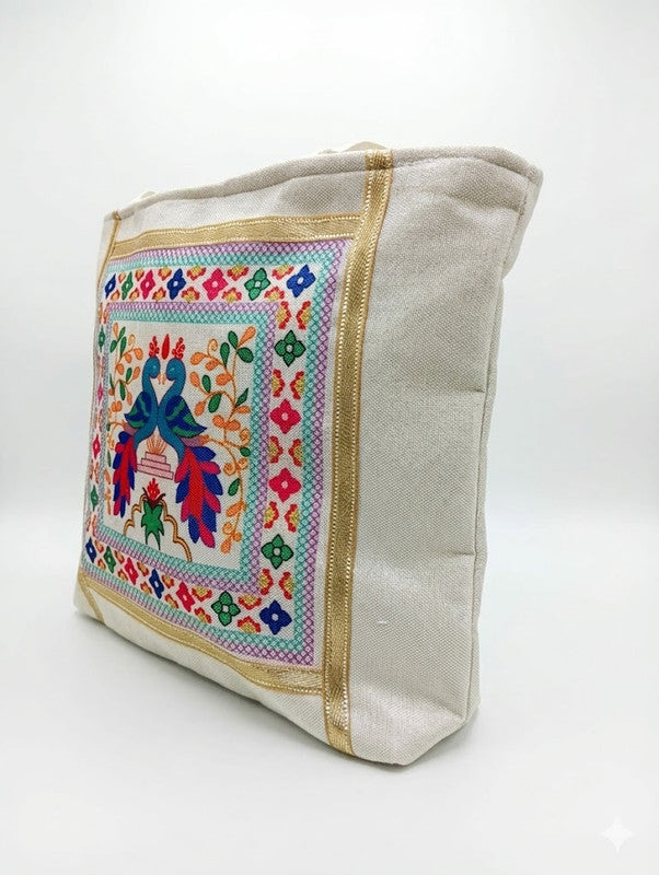 Buddy Cares Jute Tote Bag: Peacock Embroidery Print, Zipper, Cream & Gold Border – Default Title – view 3 – Buddy Cares