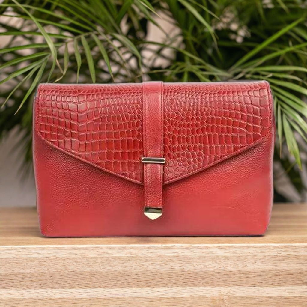 Croc-Texture PU Leather Sling Bag – Chic & Stylish Shoulder Bag (Reddish Brown)