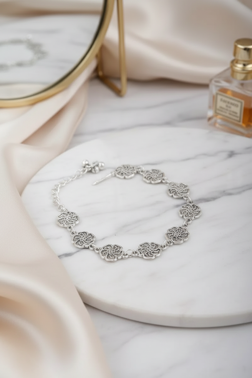 Oxidized Silver Floral Design Bracelet for Women and Girls (Black,Free,1) SUPER