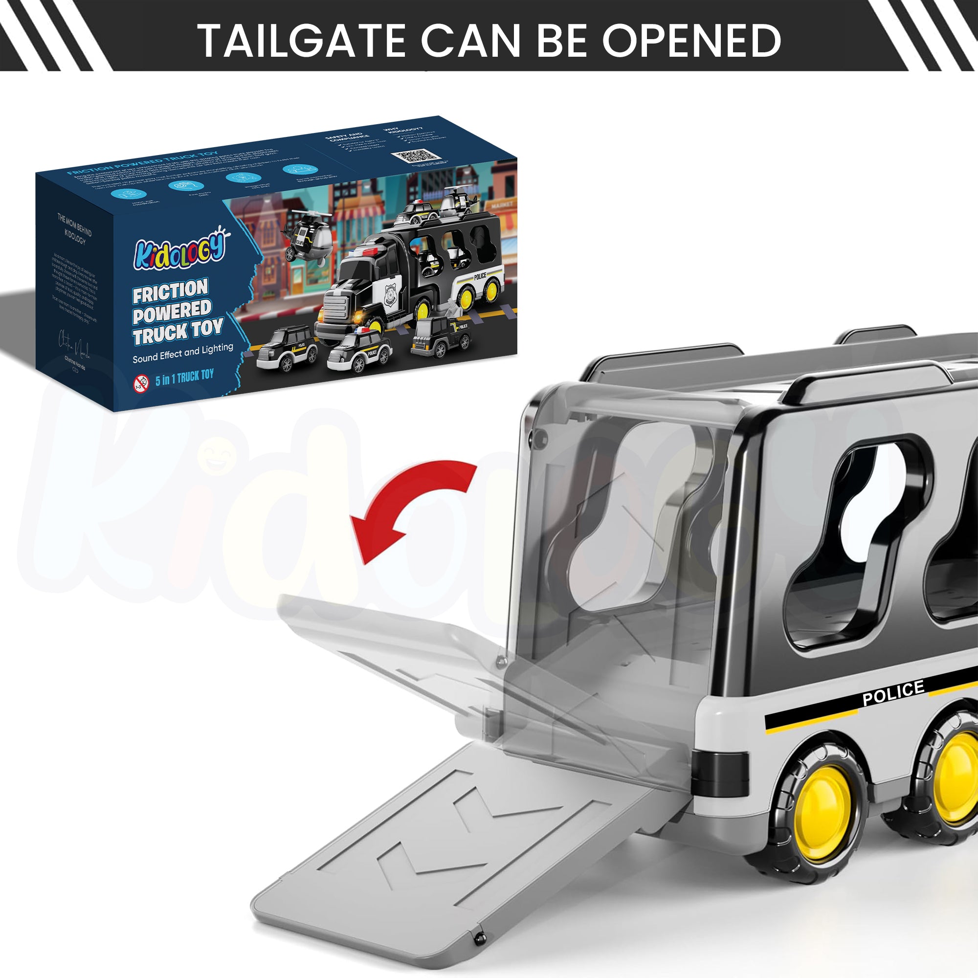 Kidology 5 in 1 Police Trucks Boy Toys for 3-5 Year Old Toddlers - Toys for 3 4 5 6 7 Years Old Transport Vehicle Carrier Truck Sets Kids Boys & Girls