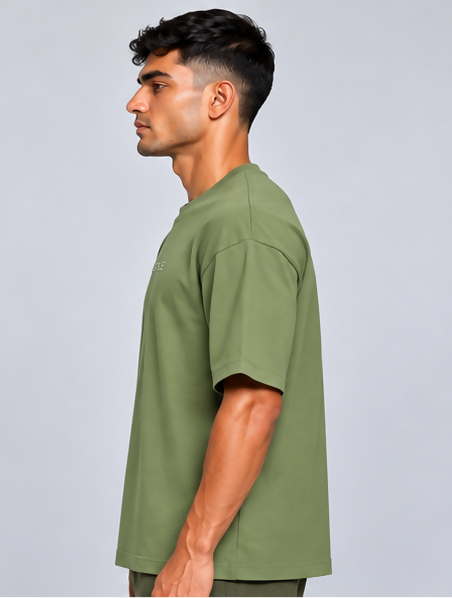 HUSTLE Men's Crew Neck Oversized T-Shirt – Olive Green(Oversized fit)