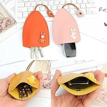 PU Leather Pull-Out Car Key Case Cute Cartoon Key Holder with Large Capacity Creative Multi-Color Key Bag for Men & Women