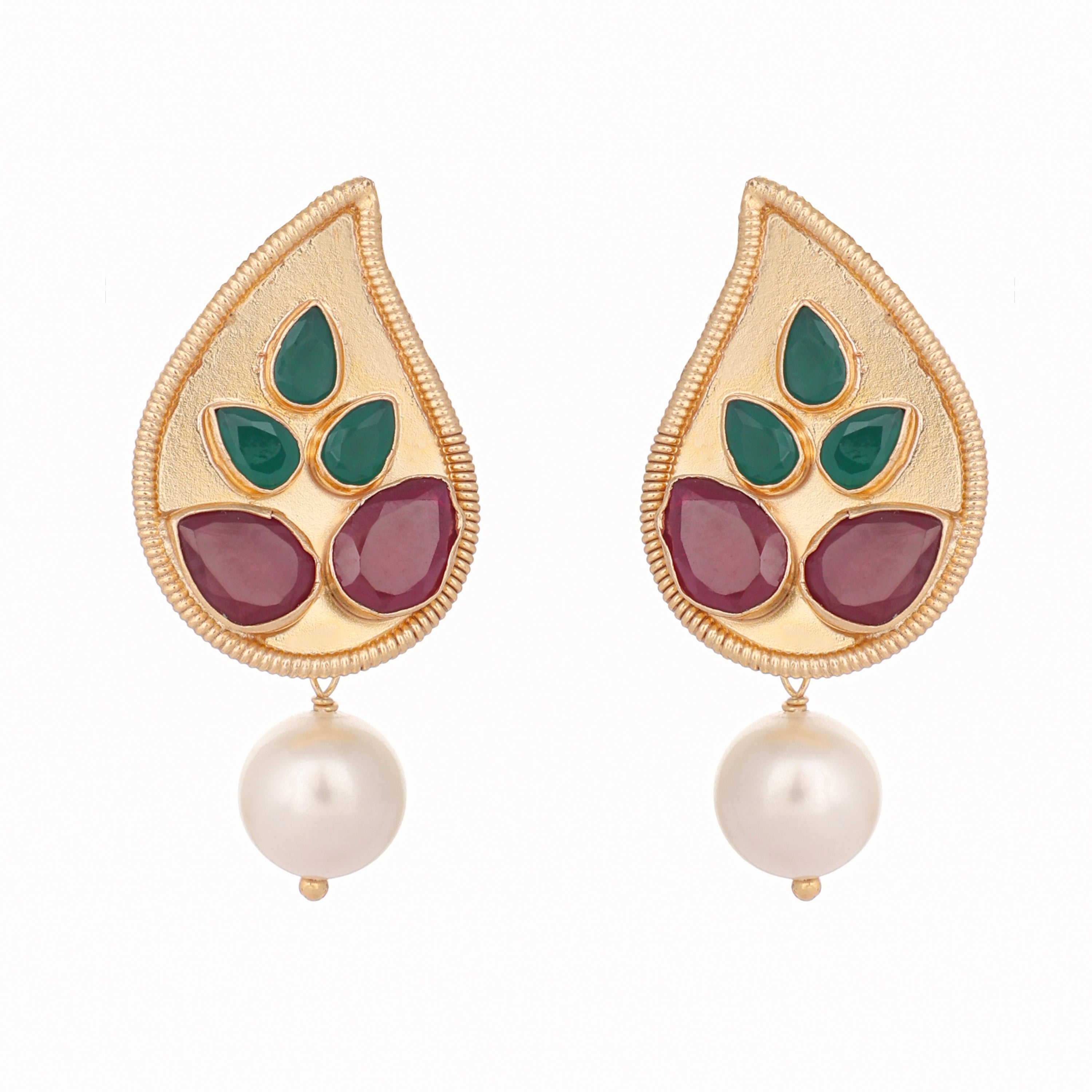 22K Gold Plated Ruby Stone Pearl Drop Earrings