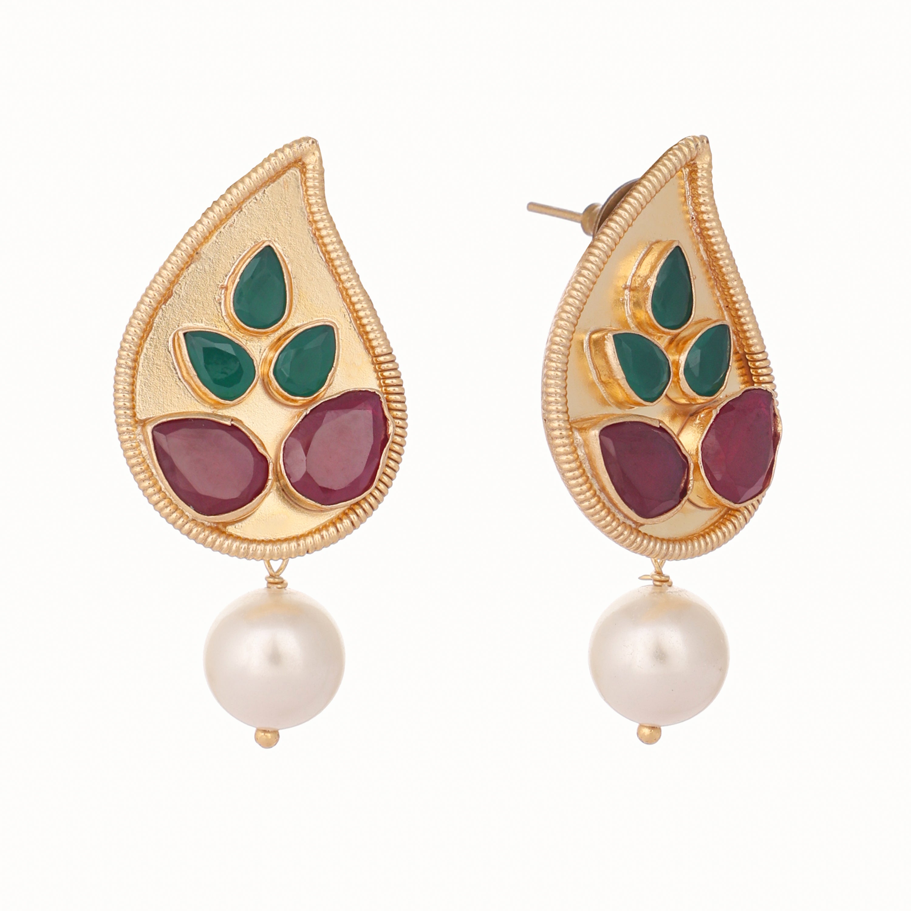 22K Gold Plated Ruby Stone Pearl Drop Earrings