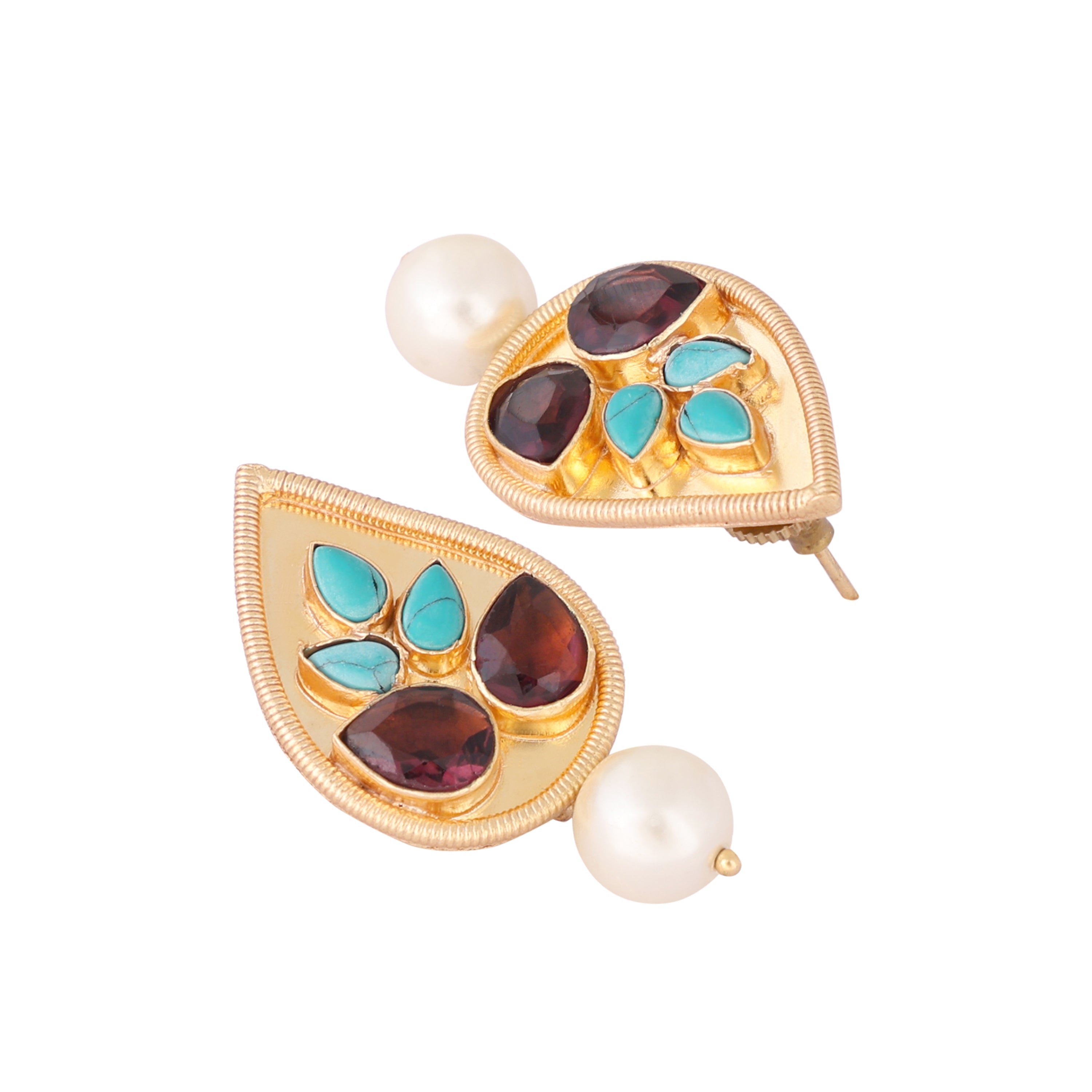 22K Gold Plated Faux Turquoise Pearl Drop Stud Earrings