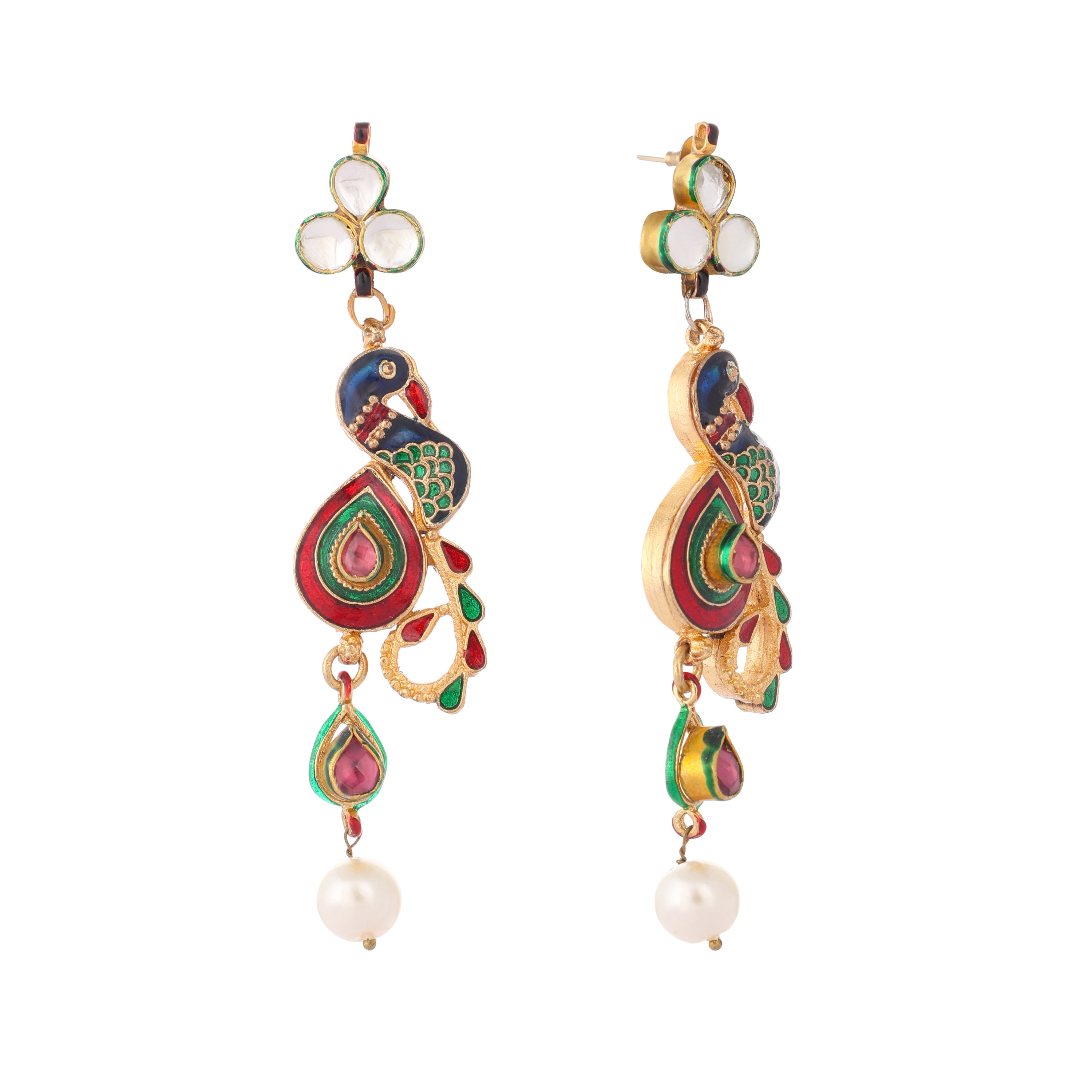 22K Gold Plated Pearl Kundan Studded Peacock Danglers