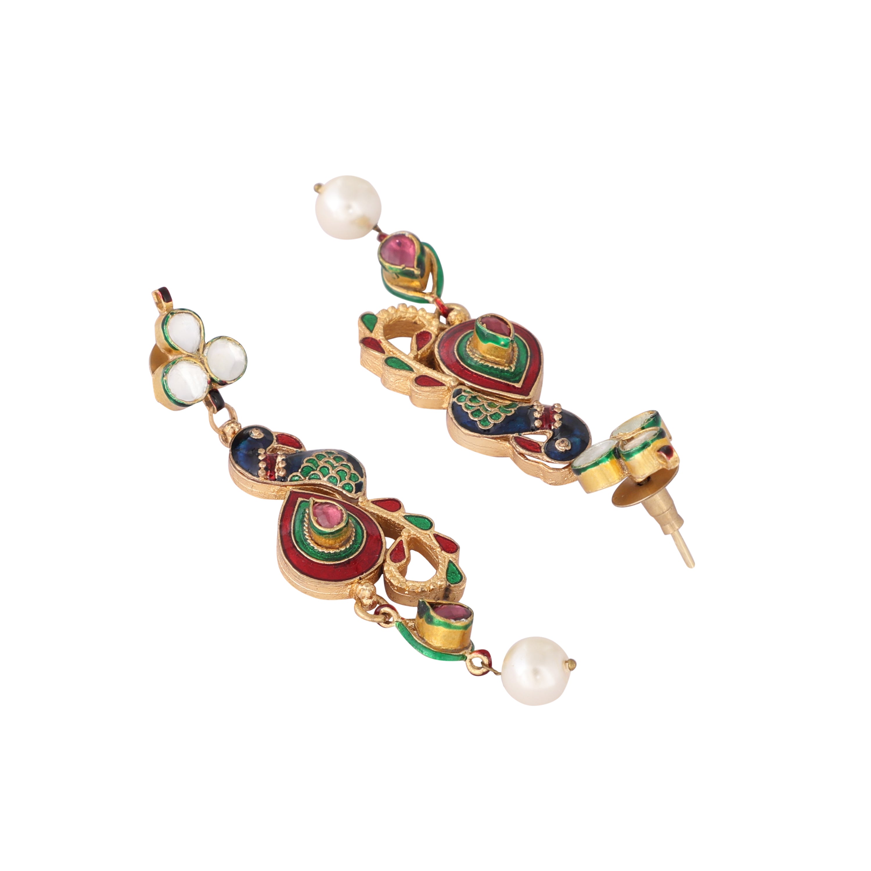 22K Gold Plated Pearl Kundan Studded Peacock Danglers