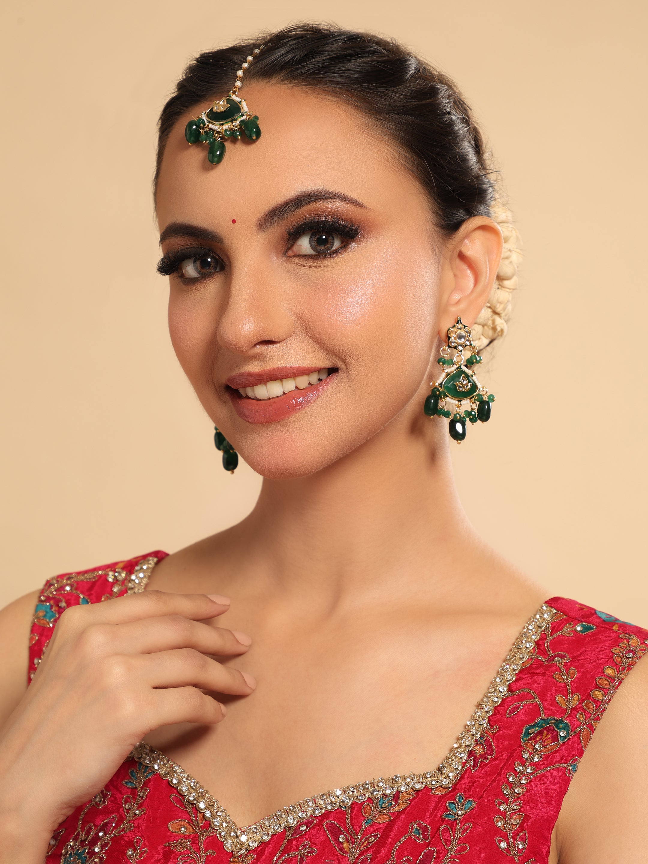 22K Gold Plated Emerald Dangler and Maangtika set