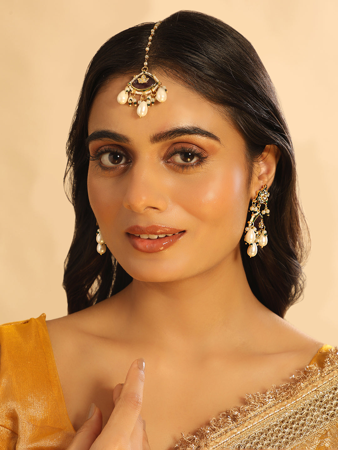 22K Gold Plated Ruby Grace Maang Tikka & Earrings Set