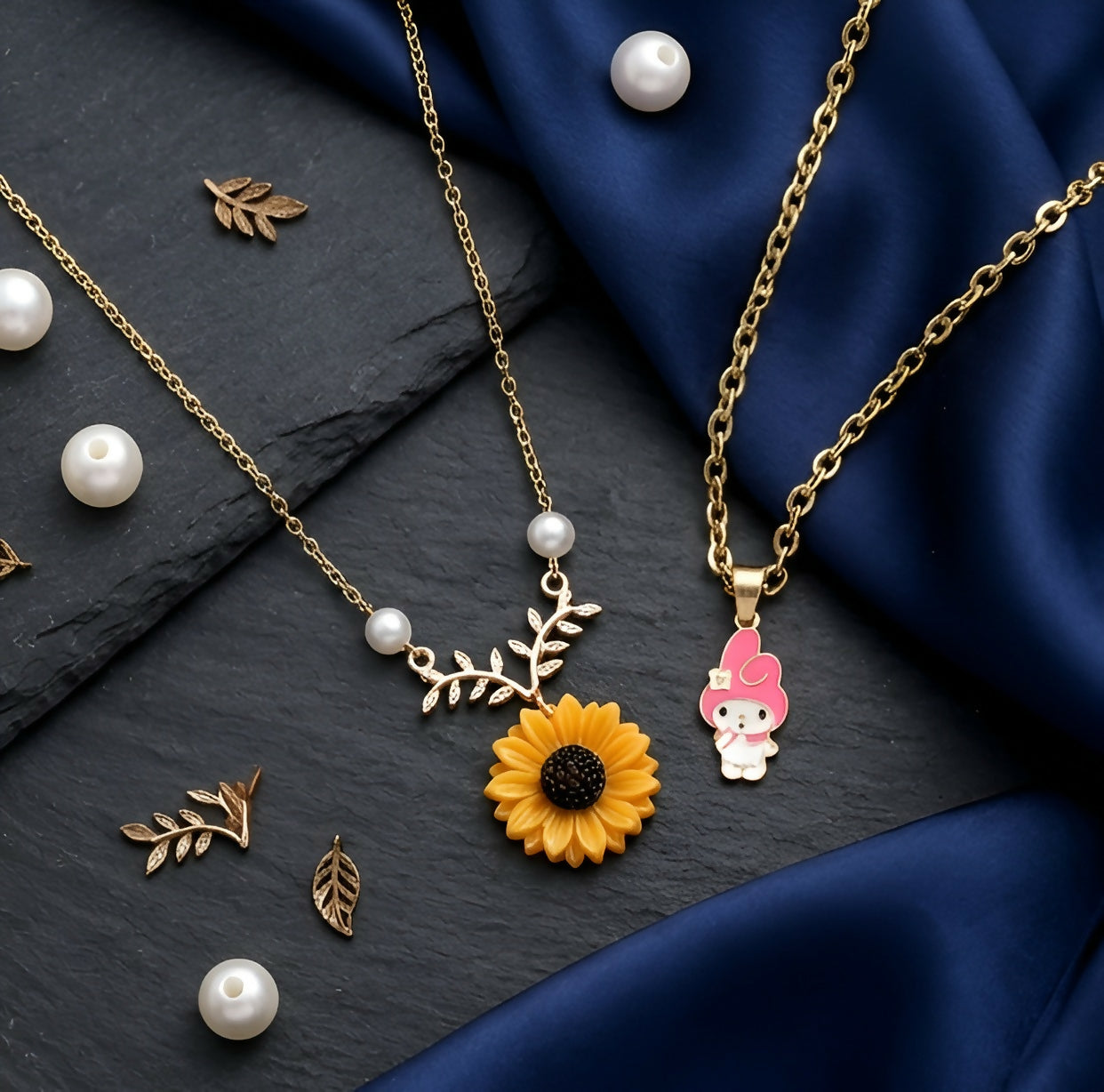 Elegant Sunflower & Cute Cartoon Pendant Necklace Set