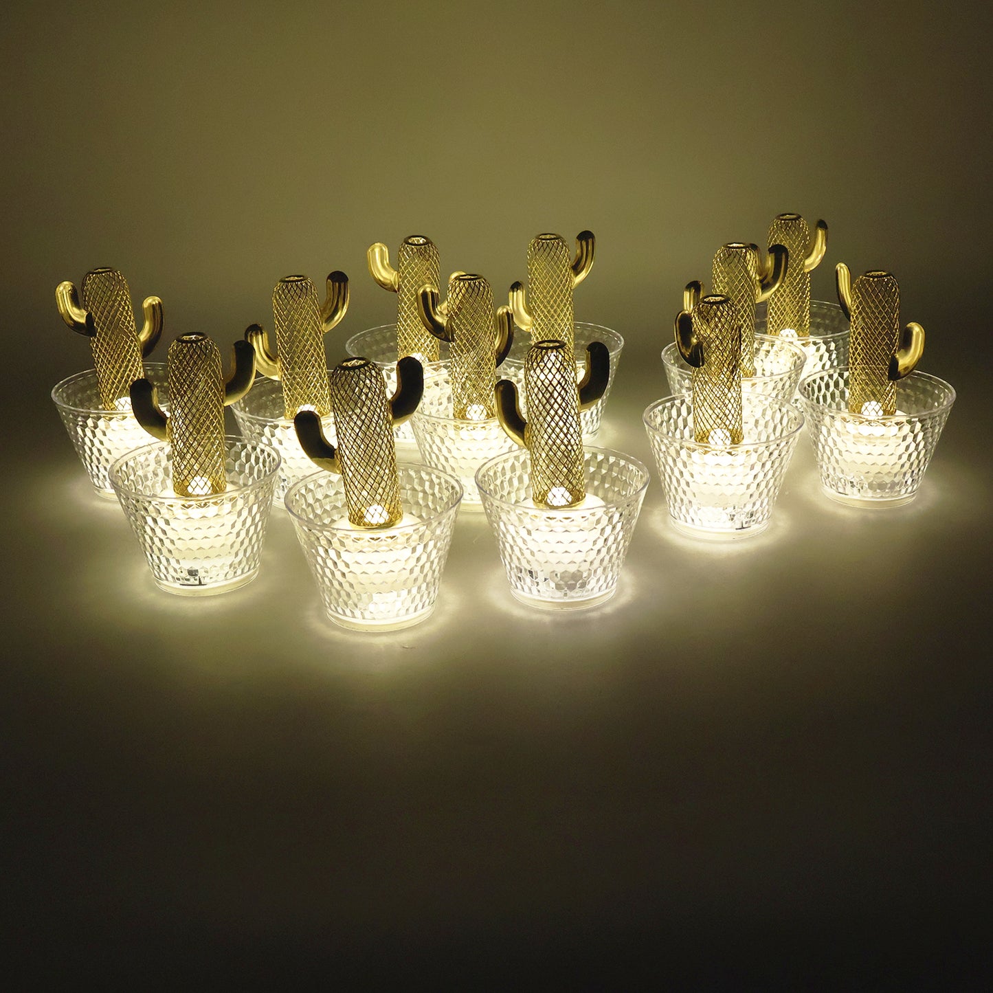 Decorative Cactus Shape LED Tealight Candles with Transparent Cup Holders (12 Pc)